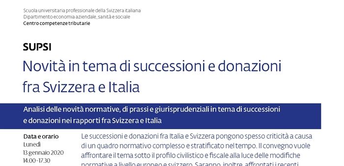SUCCESSIONI TRANSFRONTALIERE SVIZZERA-ITALIA - Convegno a Lugano il 13 gennaio 2019