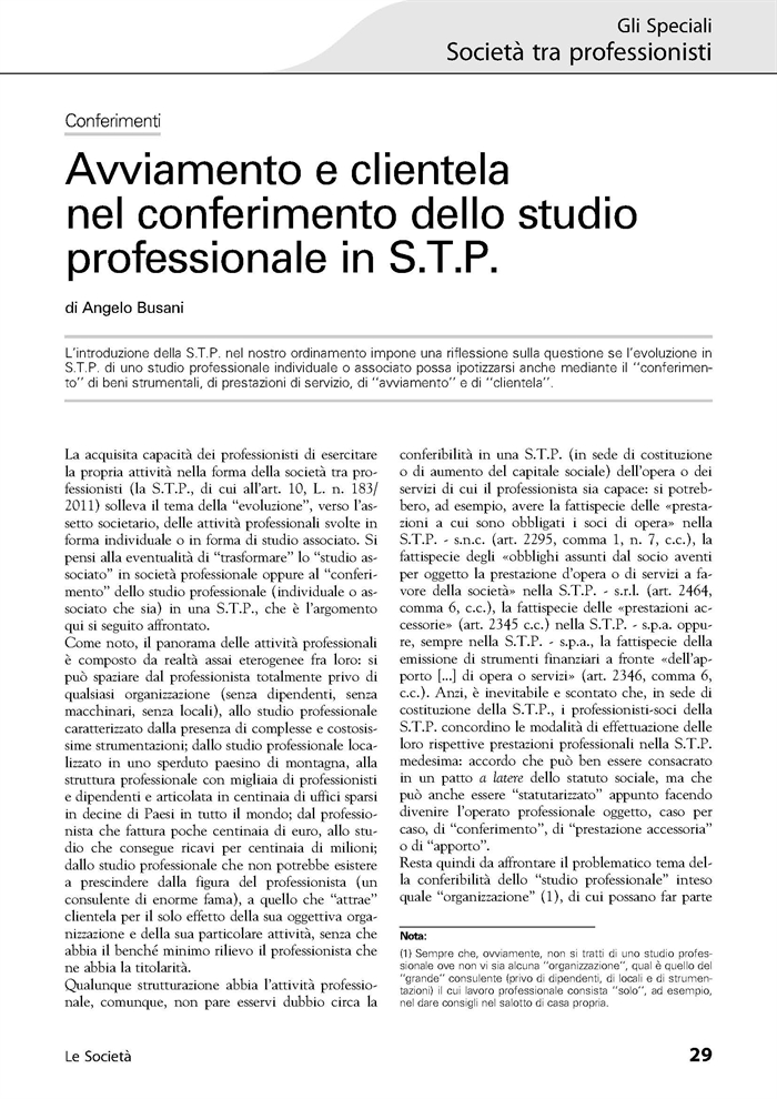 SOCIETA' - Conferimento di studio professionale in Società tra Professionisti (StP)