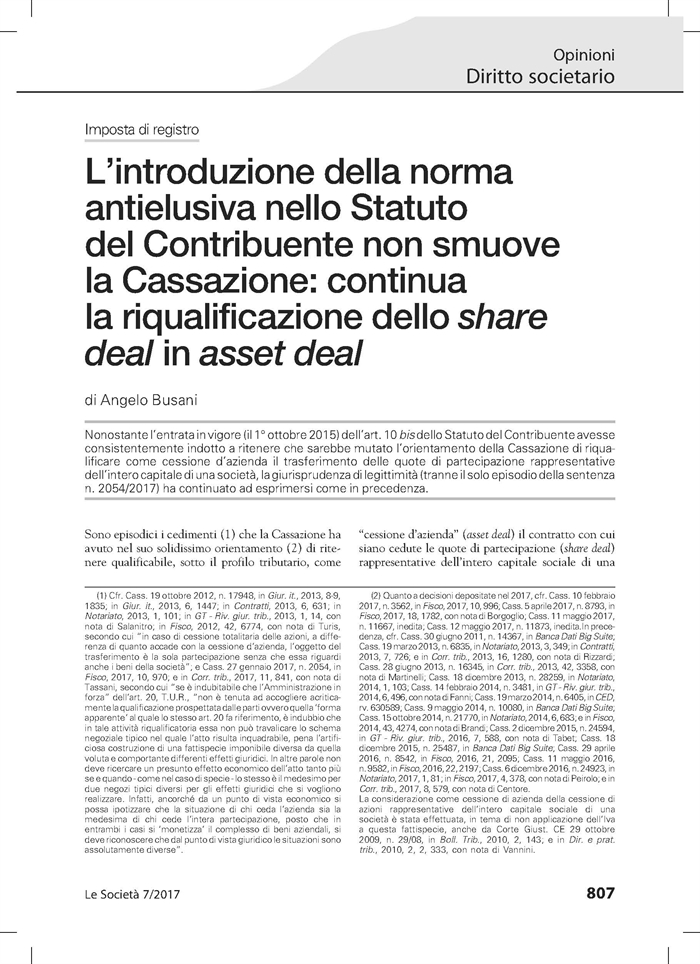 SOCIETA' - Asset deal, share deal