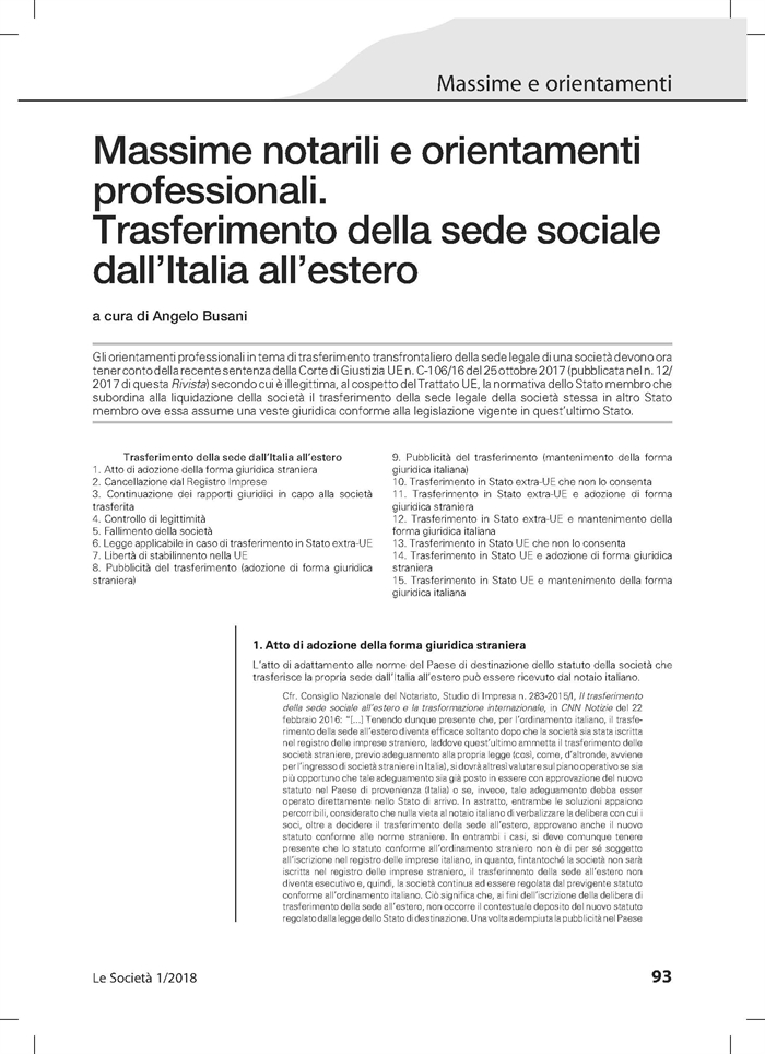 SOCIETA' - Trasferimento sede da Italia a estero - Massime di comportamento professionale 