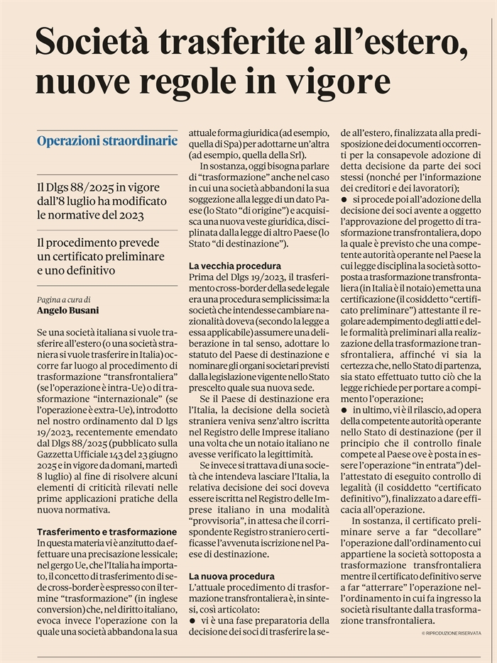 TRASFORMAZIONE TRANSFRONTALIERA - Nuove regole in vigore