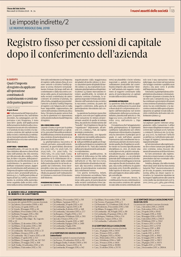 IMPOSTA DI REGISTRO - La cessione del capitale sociale della conferitaria dopo il conferimento