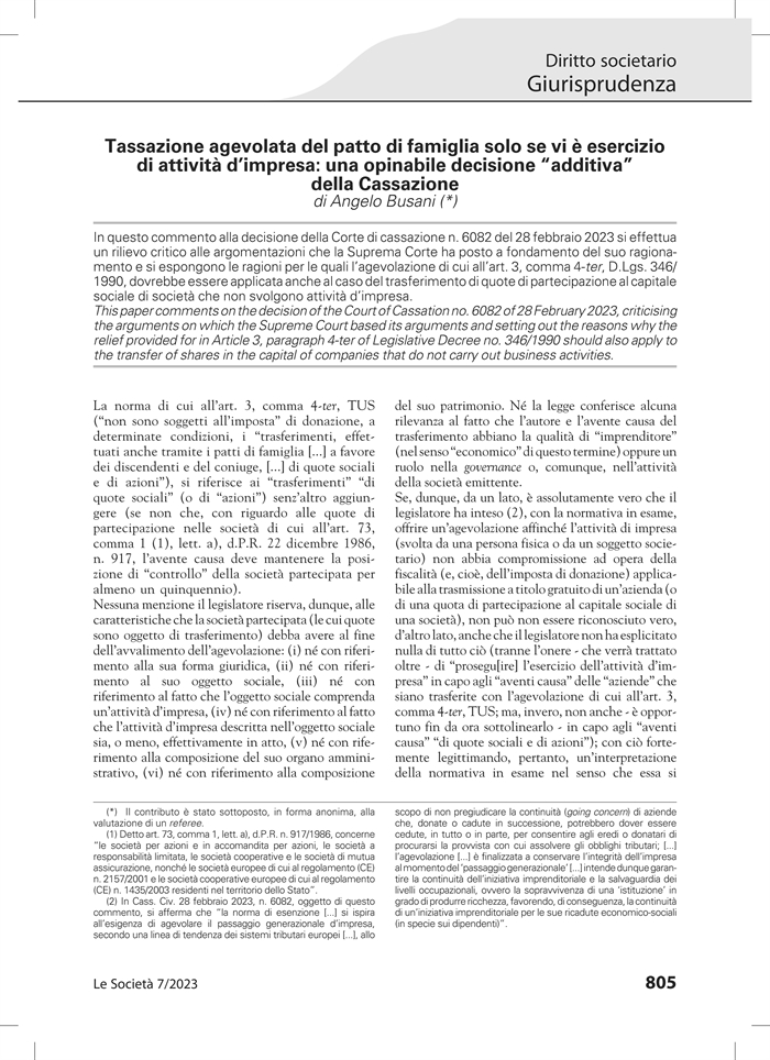 PATTO DI FAMIGLIA - Niente esenzione se è donata una società senza impresa 