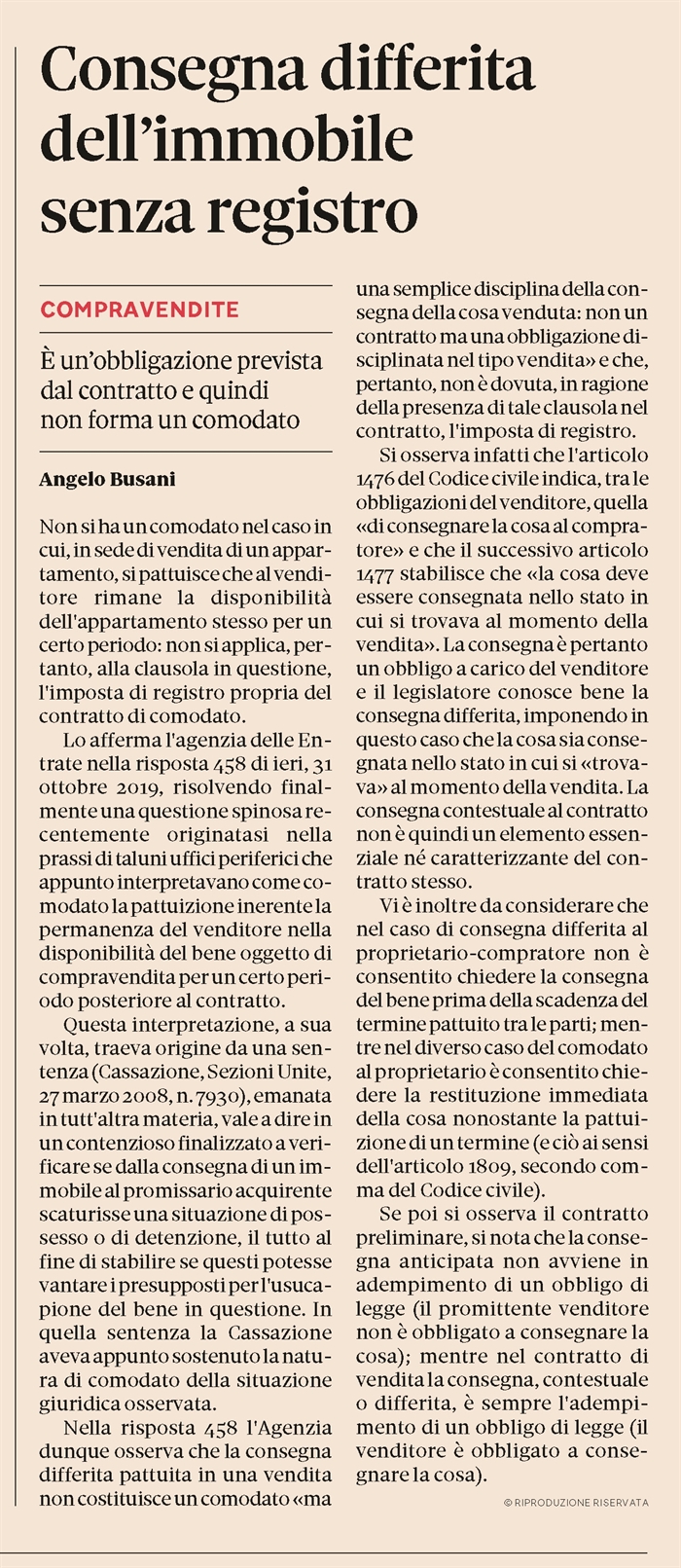 COMPRAVENDITA - La consegna differita non è un comodato