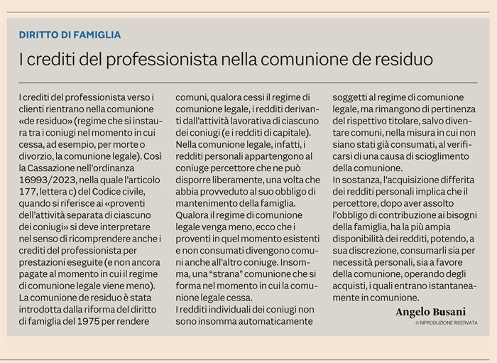 COMUNIONE LEGALE - I crediti del professionista