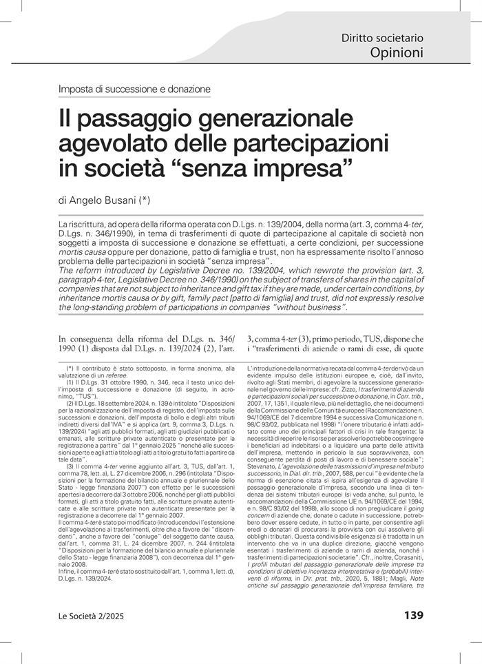 SOCIETA' SENZA IMPRESA - Passaggio generazionale senza imposte?