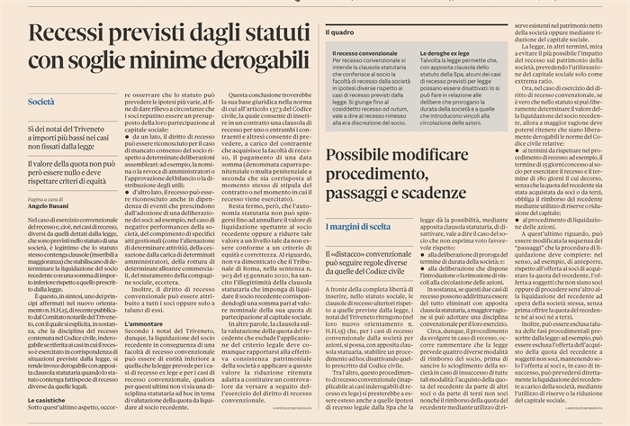 SOCIETA' - Liquidazione del socio nel recesso convenzionale