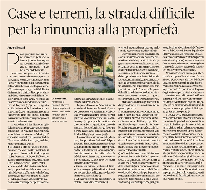 RINUNCIA AL DIRITTO DI PROPRIETA' - Dubbio se sia ammissibile
