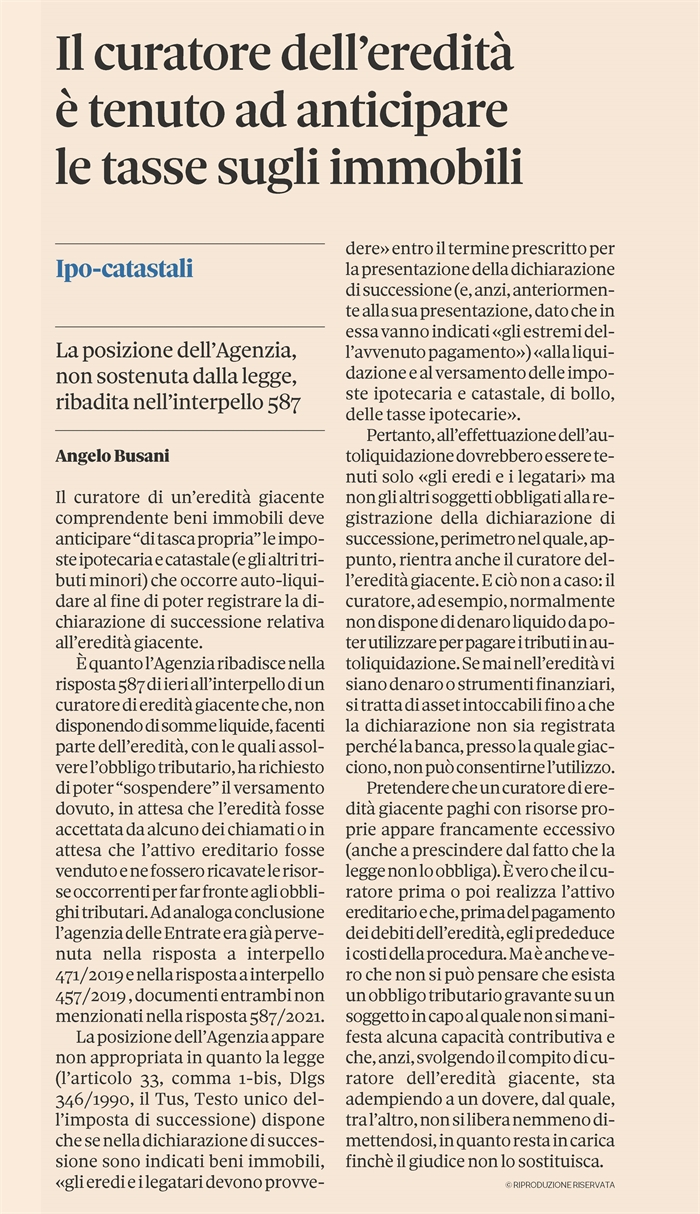 EREDITA' GIACENTE - Curatore obbligato al pagamento dell'imposta 