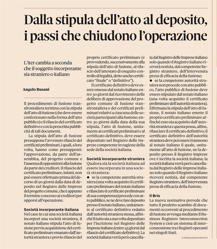 FUSIONE TRANSFRONTALIERA - Le novità per la stipula dell'atto di fusione