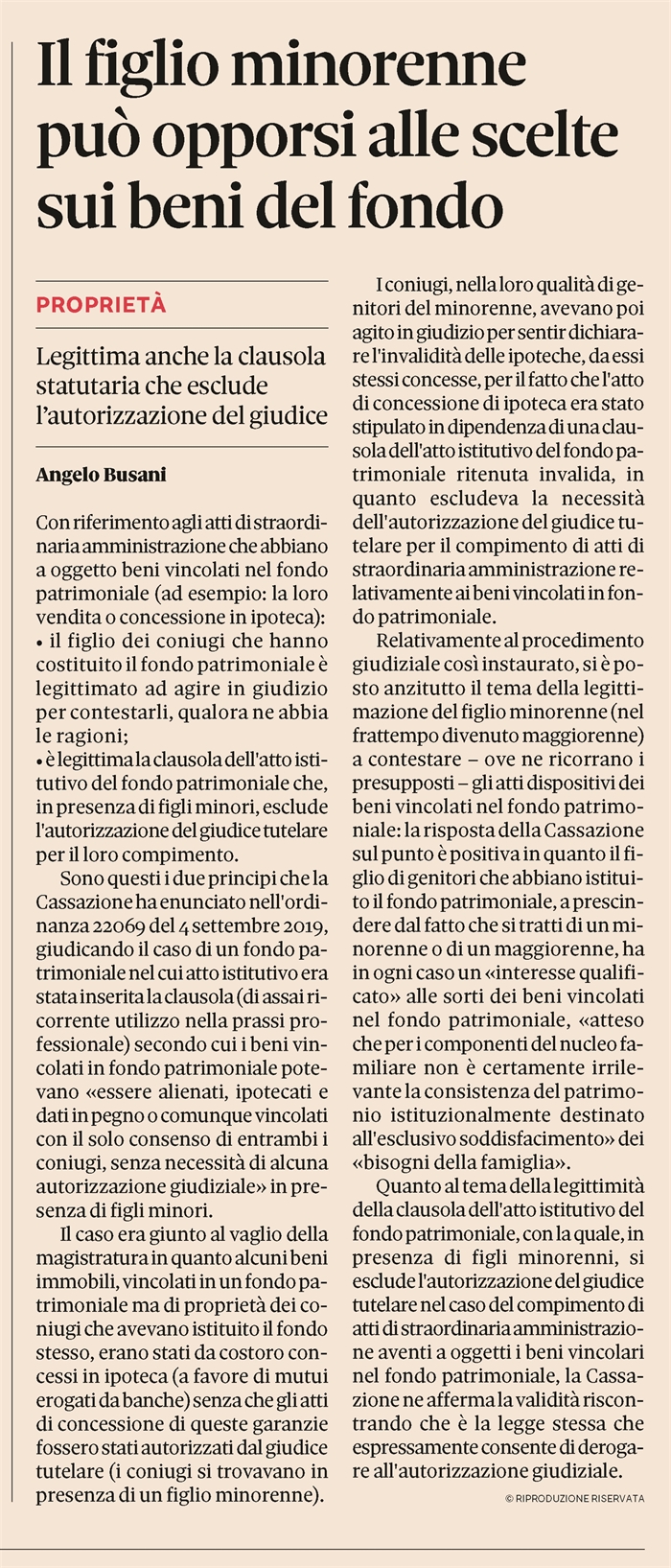 FONDO PATRIMONIALE - Legittima la clausola che esclude il giudice tutelare