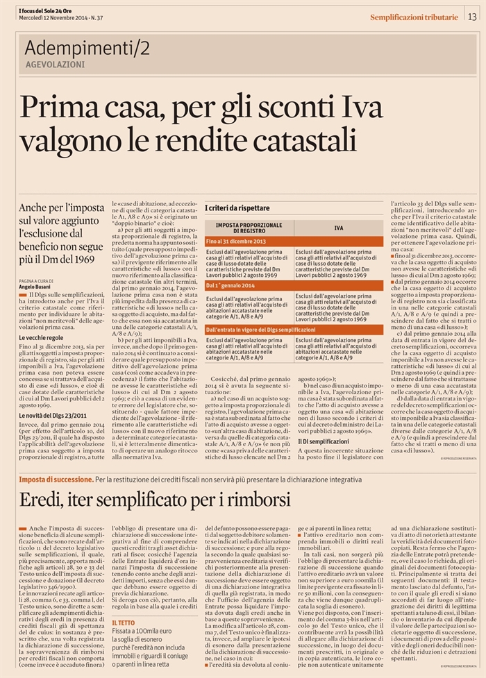 2014-11 - COMPRAVENDITA - Applicazione criterio catastale per IVA