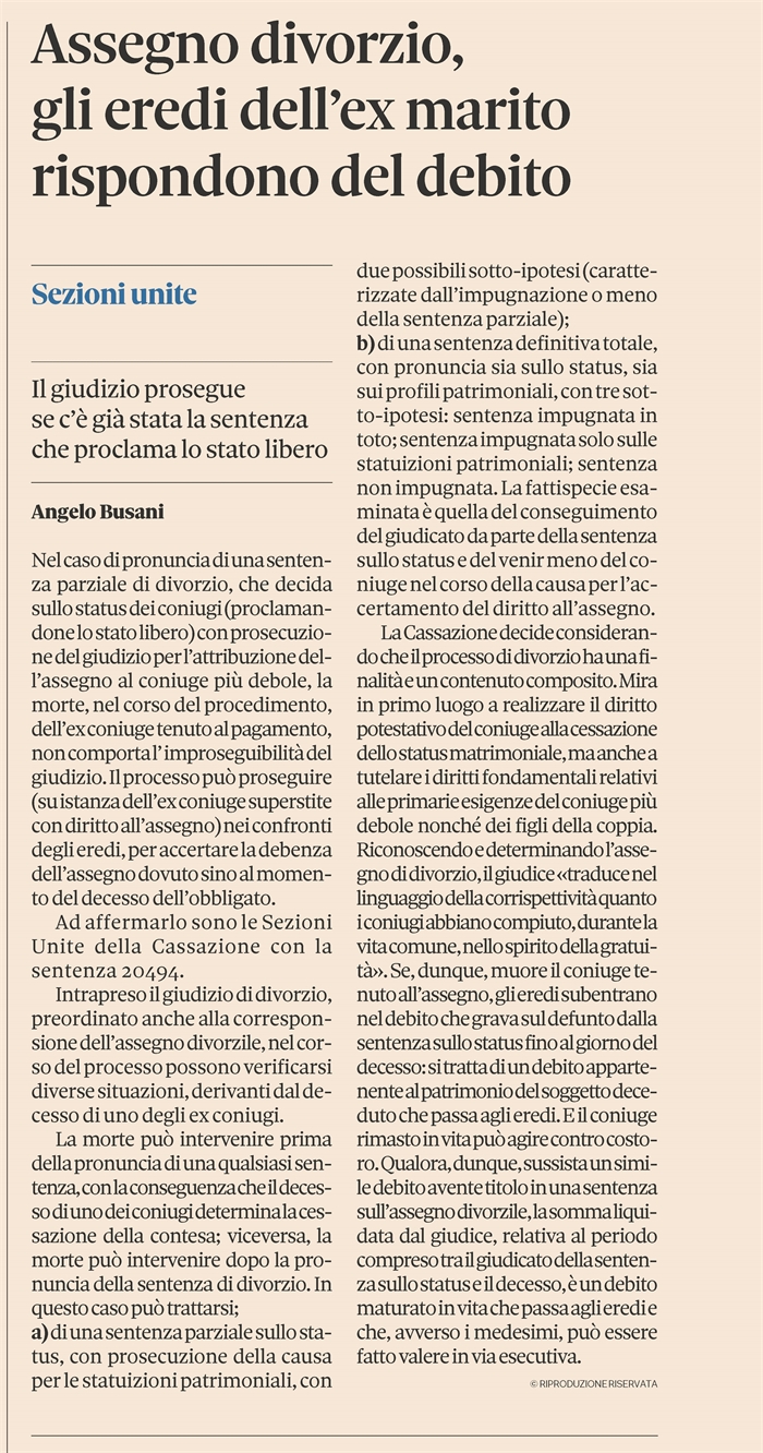 DIVORZIO - Morte di un coniuge nel corso del procedimento