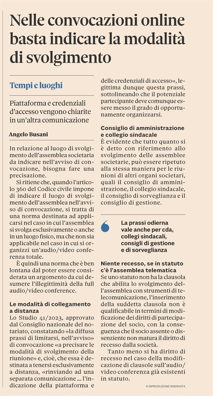 SOCIETA' - Assemblee in video conferenza legittime anche post emergenza Covid