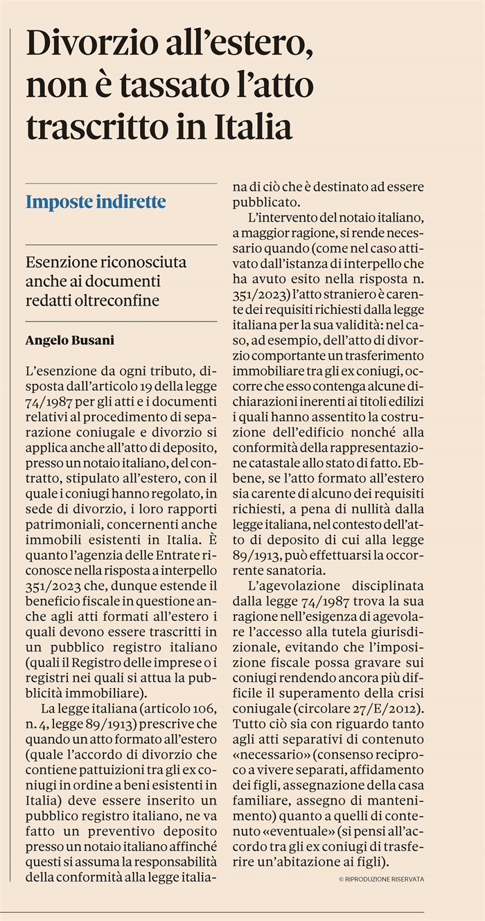 DIVORZIO ALL'ESTERO - Non tassati i trasferimenti di immobili in Italia