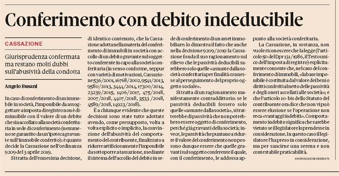 SOCIETA' - Il debito conferito non diminuisce l'imponibile del conferimento