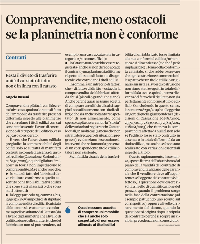 COMPRAVENDITA - Decreto Salva-casa facilita la compravendita