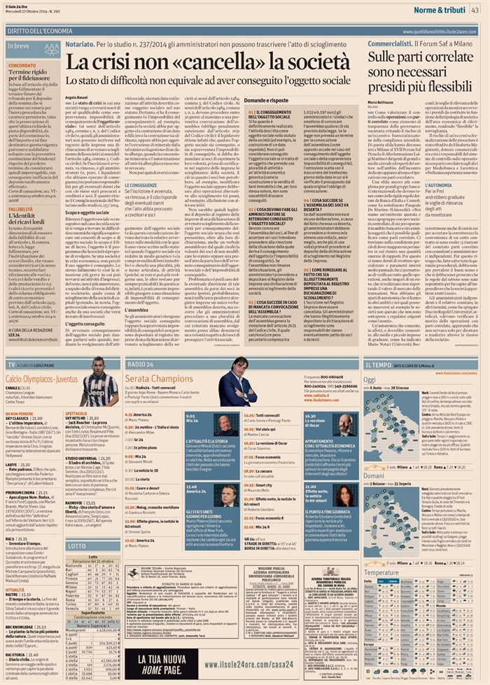 2014-10 - SOCIETA - Crisi economica mancato raggiungimento oggetto sociale