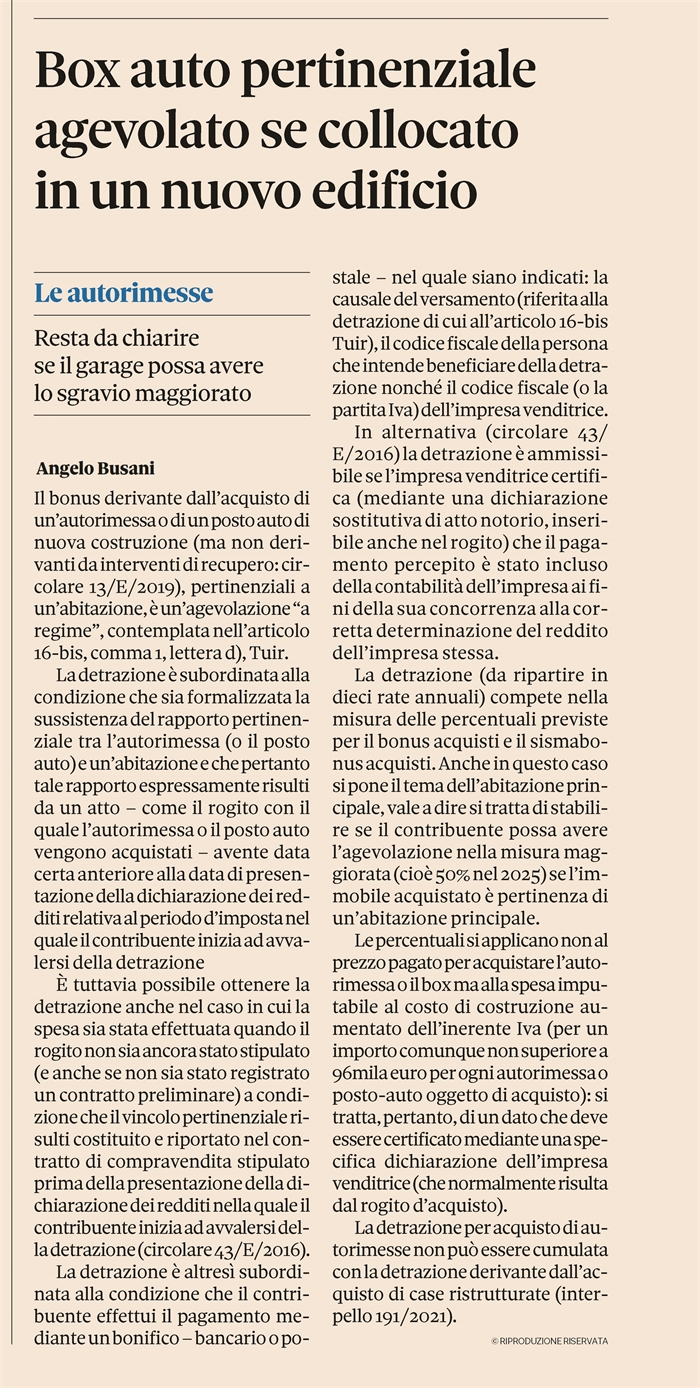 BONUS 2025 ACQUISTO AUTORIMESSA - Pertinenziale e di nuova costruzione