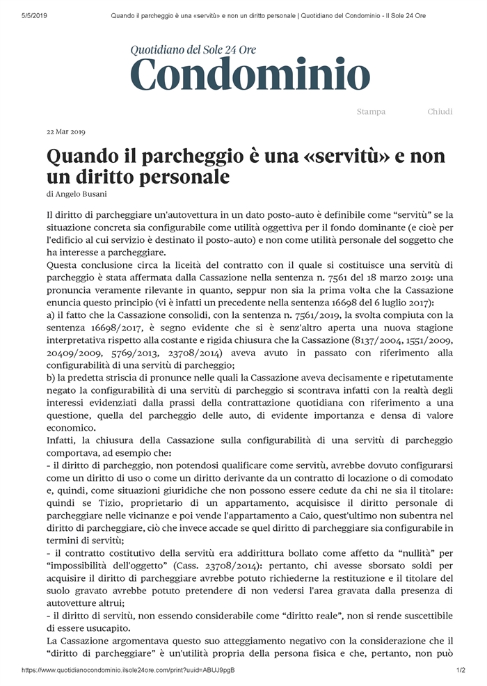 SERVITU DI PARCHEGGIO - In Cassazione riconosciuto come servitù il diritto di parcheggiare