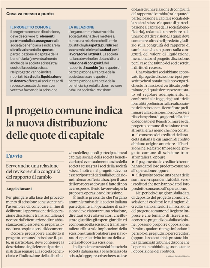 SCISSIONE TRANSFRONTALIERA - L'approvazione del progetto