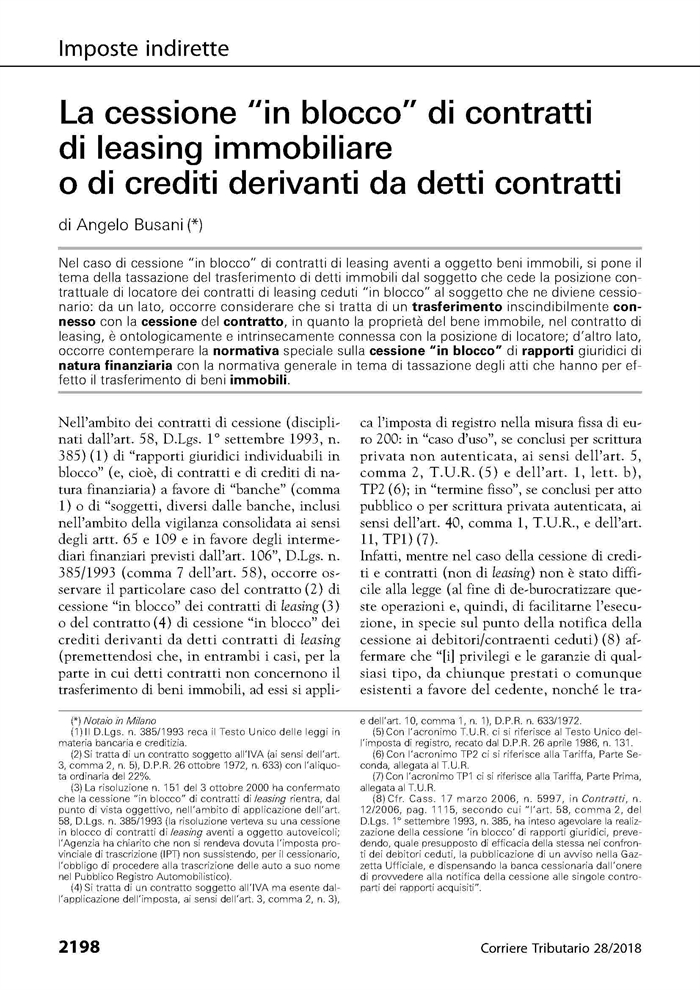 LEASING - Cessione in blocco di crediti e contratti