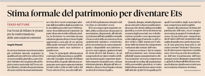 ENTI NON PROFIT - Trasformazione di associazione non riconosciuta in ETS