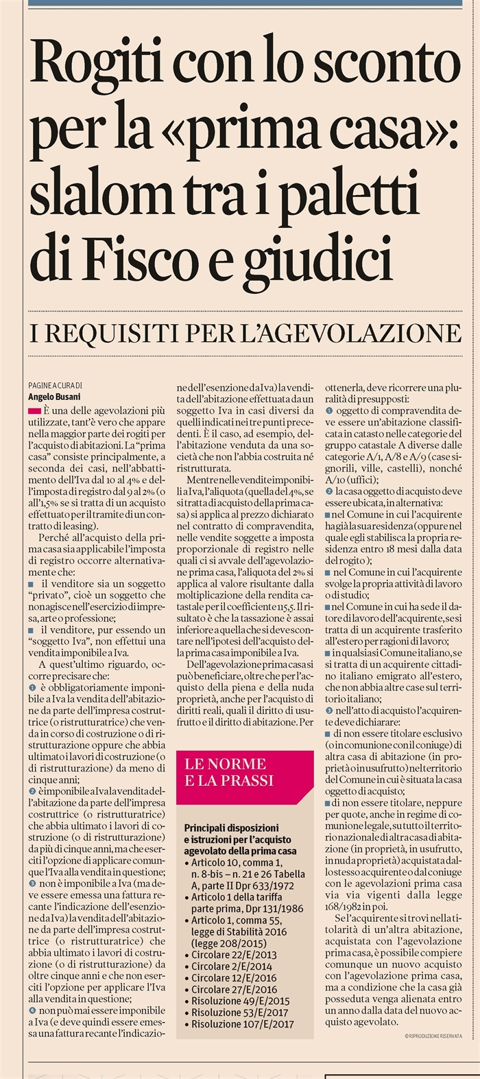 COMPRAVENDITA - L'agevolazione per l'acquisto della prima casa