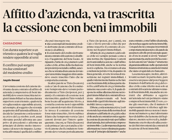 AFFITTO D'AZIENDA - Cessione del canone - Trascrizione nei Registri immobiliari