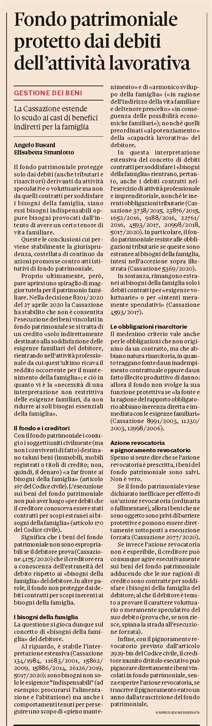FONDO PATRIMONIALE - Protezione per i debiti da attività lavorativa
