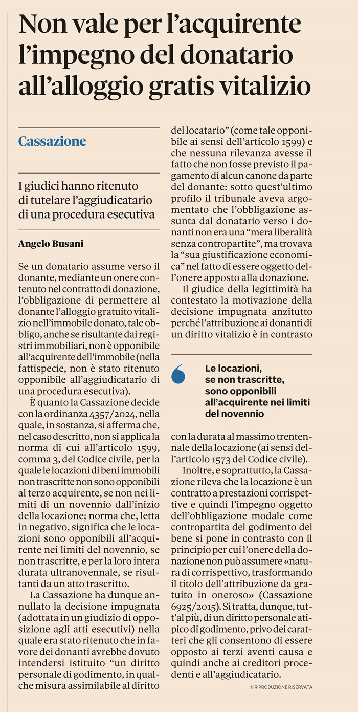 DONAZIONE - Inopponibile all'acquirente l'onere di abitazione
