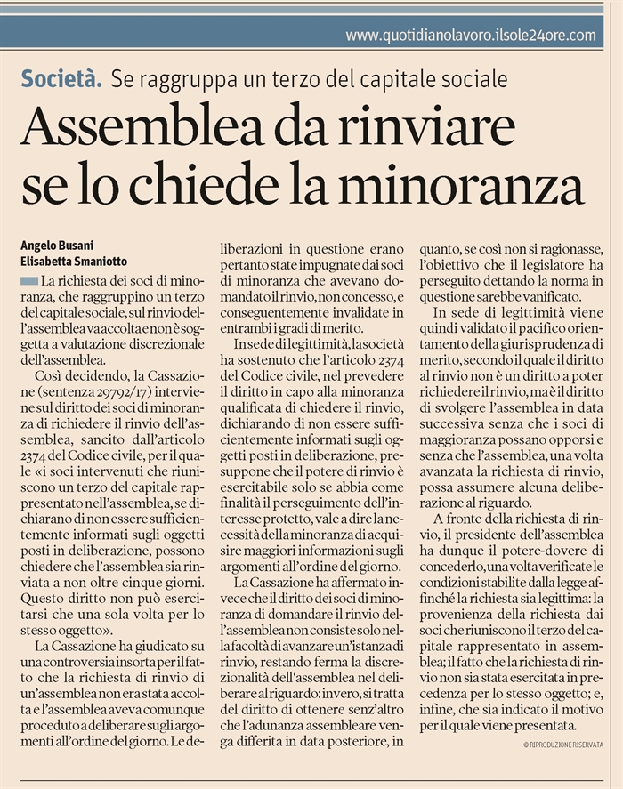 SOCIETA' - Rinvio dell'assemblea su richiesta della minoranza