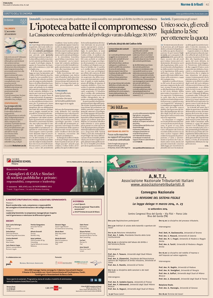 2014-09 - COMPRAVENDITA - Ipoteca prevale sul contratto preliminare