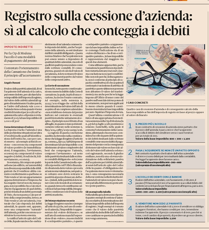 CESSIONE D'AZIENDA - L'imponibile è diminuito dai debiti accollati all'acquirente