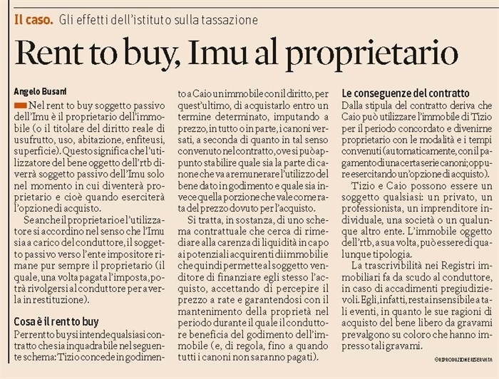 IMMOBILI - Chi paga l'Imu nel rent to buy