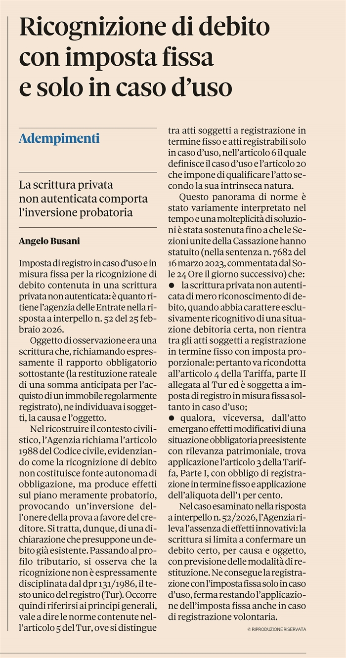 RICOGNIZIONE DI DEBITO - Imposta fissa di registro