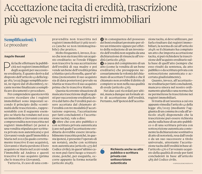 EREDITA' - Trascrizione più facile per l'acquisto di eredità immobiliare