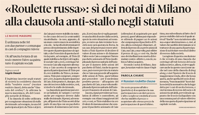 SOCIETA' - Valida la clausola anti-stallo della "roulette russa"