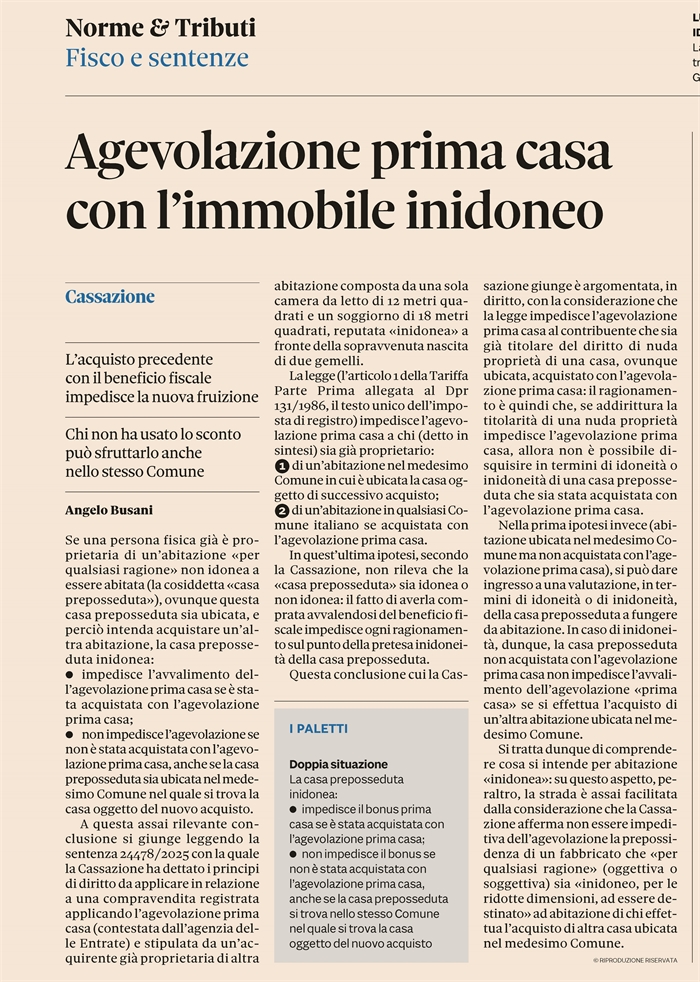 AGEVOLAZIONE PRIMA CASA - Il rebus della casa preposseduta inidonea