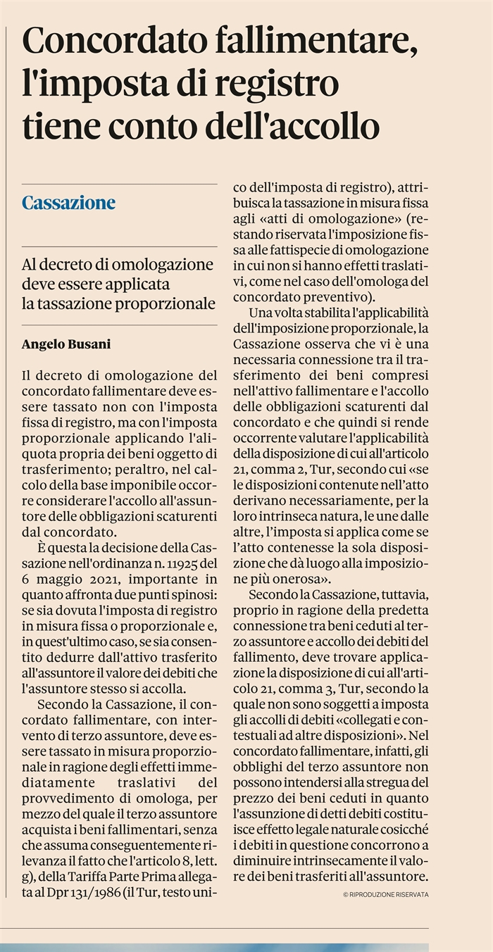 OMOLOGA CONCORDATO FALLIMENTARE - Imposta di registro proporzionale