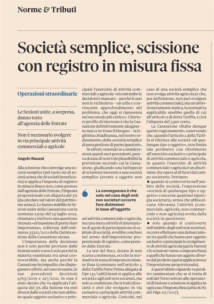 SOCIETA' SEMPLICE - Scissione con registro in misura fissa