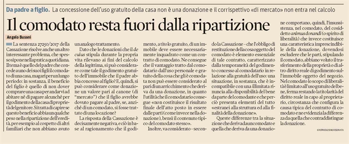 EREDITA' - Nel calcolo della legittima il comodato non si considera