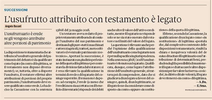 EREDITA' - L'attribuzione dell'usufrutto vale come legato