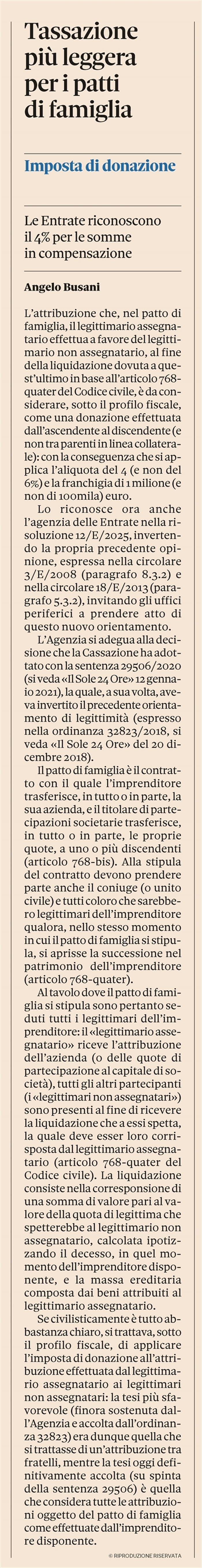PATTO DI FAMIGLIA - Tassazione leggera per i legittimari non assegnatari