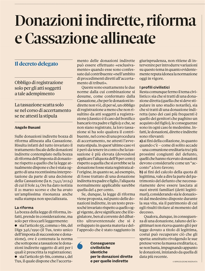 DONAZIONI INDIRETTE - La riforma dell'imposta di donazione non cambia le regole