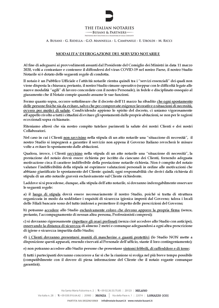 SERVIZIO NOTARILE DURANTE L'EPIDEMIA