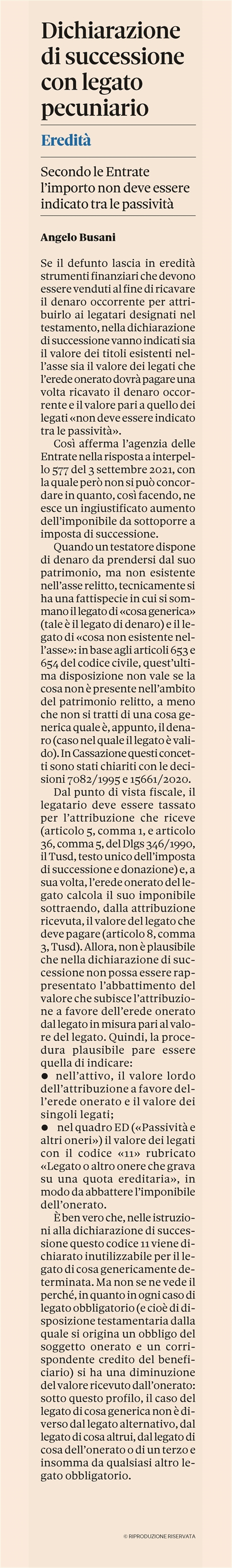 IMPOSTA DI SUCCESSIONE - Legato di strumenti finanziari che gli eredi devono vendere