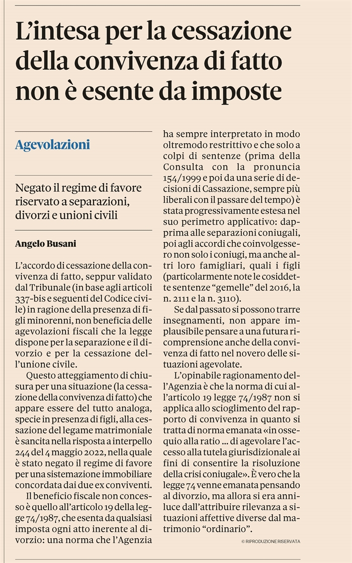 CONVIVENZA DI FATTO - Accordo di cessazione senza agevolazioni (articolo edit.)