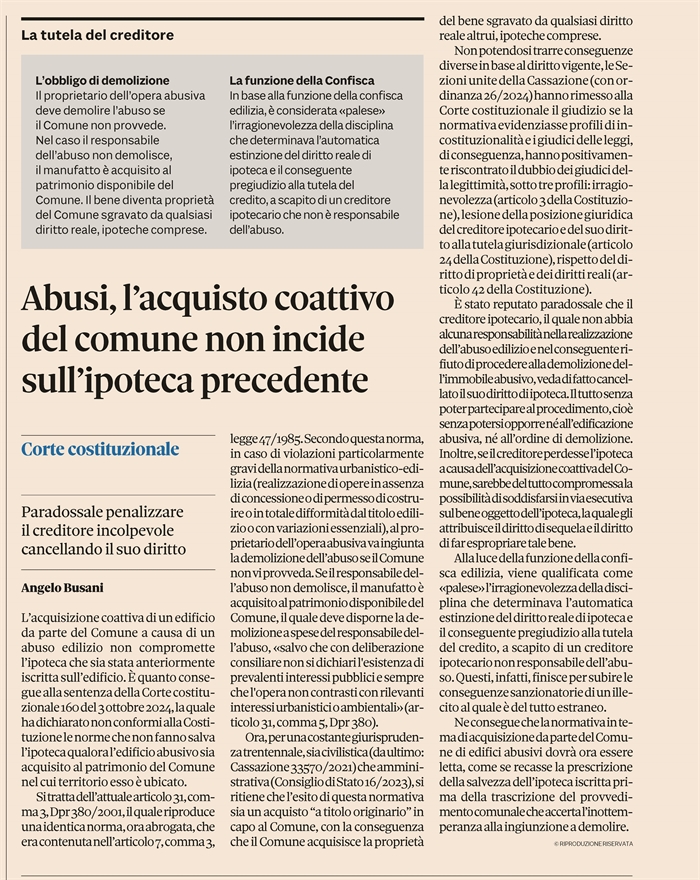 ABUSO EDILIZIO - L'ipoteca resiste all'acquisizione coattiva del Comune