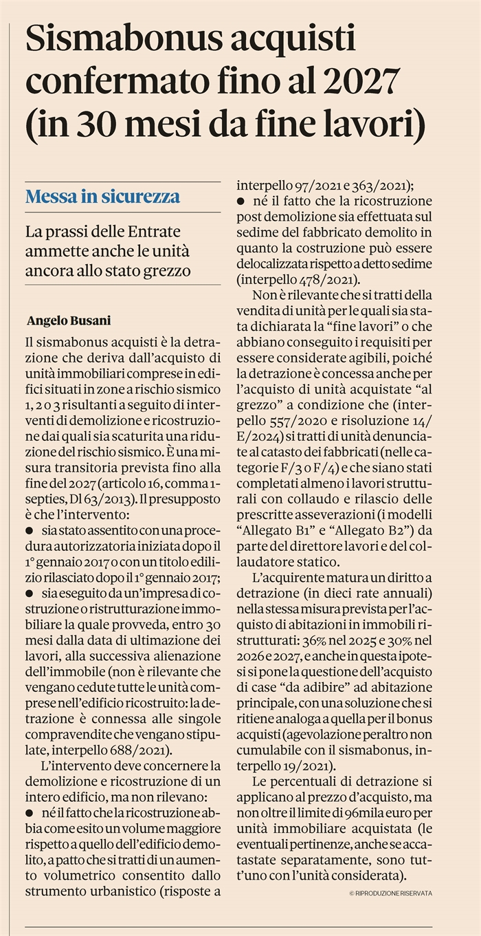SISMA BONUS ACQUISTI 2025 - Detrazione al 36% (o 50% per abitazione principale)